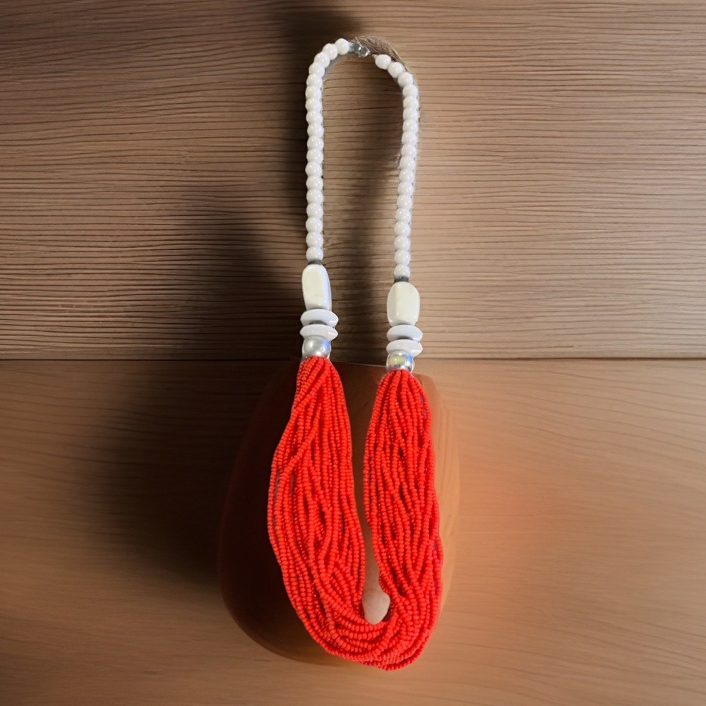 Vtg Misti Strand Red Seed Bead Plastic White Bead, Silver Tone Necklace  24 Inch